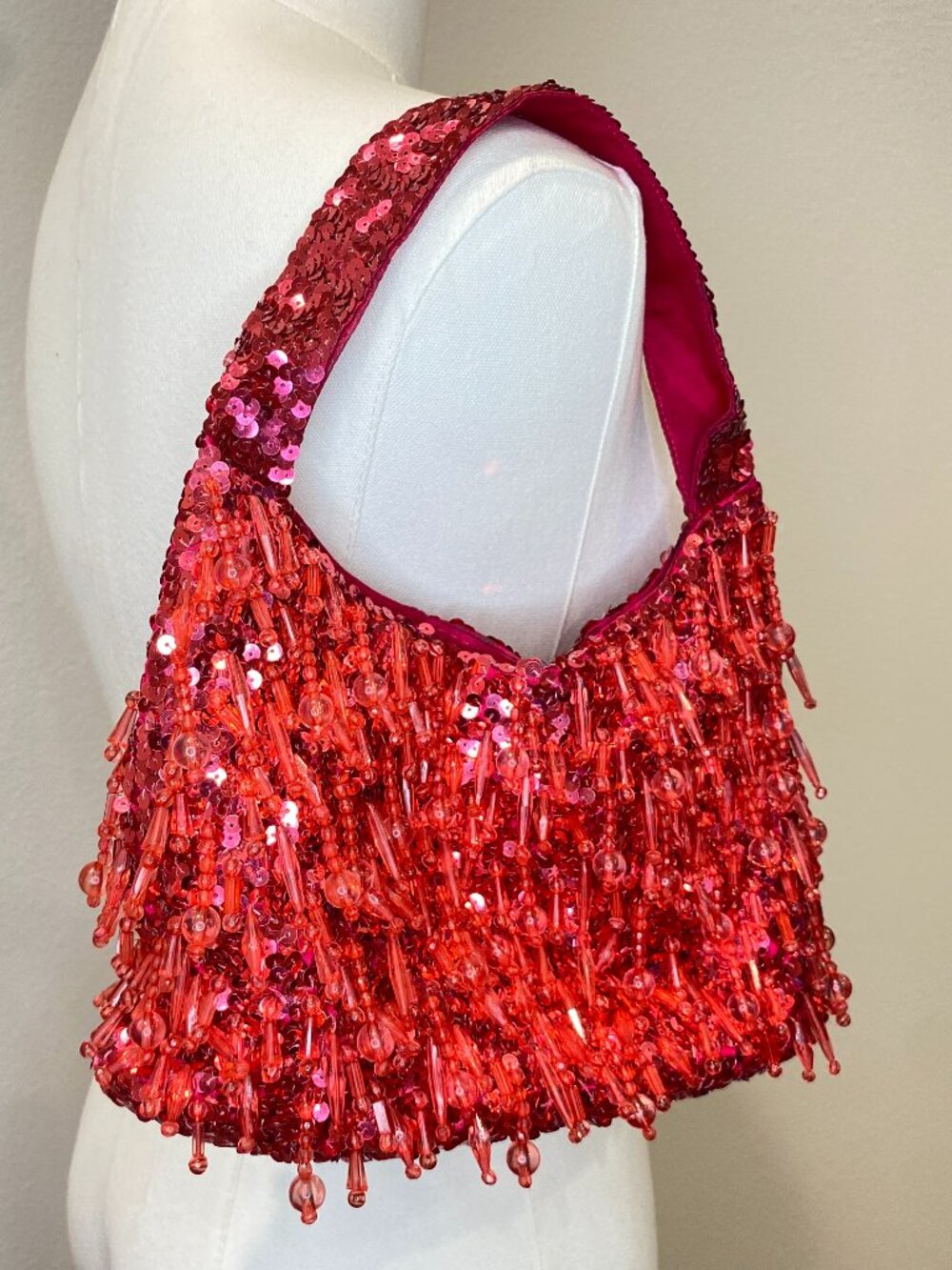 Handmade Pink Magenta Sequin & Beaded Mini Shoulder Bag – Satin Evening Purse
